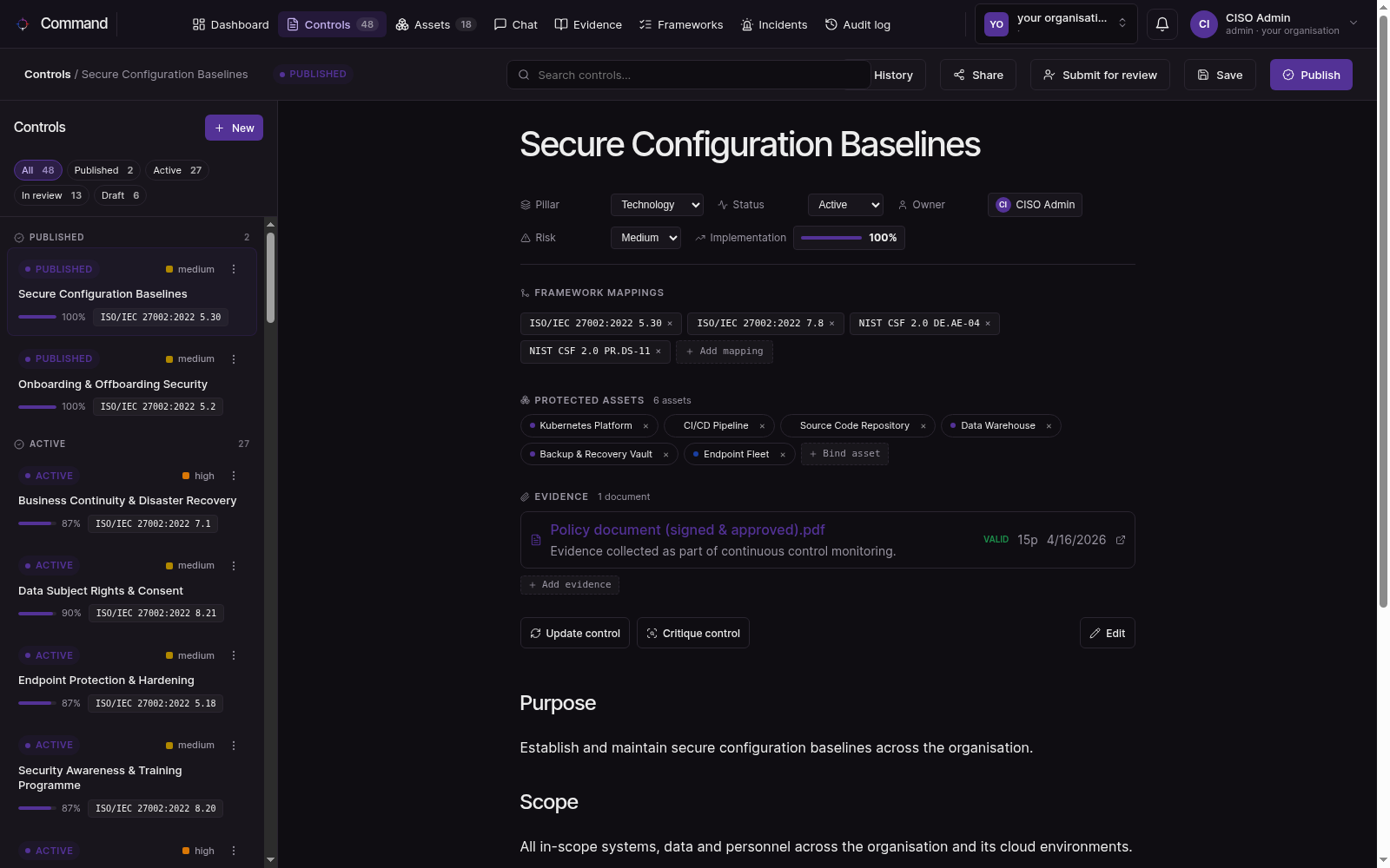 A control with its framework mappings and protected assets