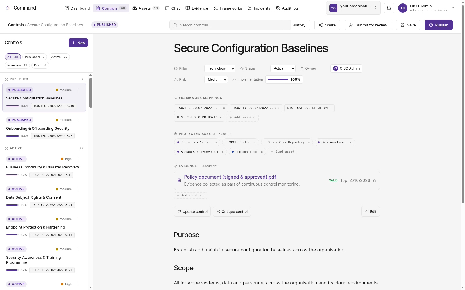 A control with its framework mappings and protected assets